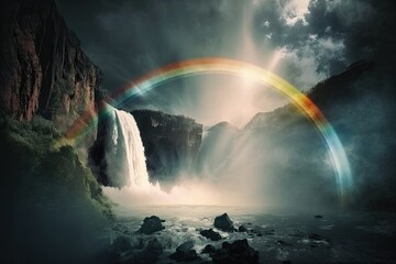 Canvas Print - a rainbow shining over a misty waterfall, with the sun peeking out from behind the clouds, created with generative ai