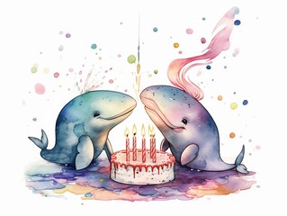 Wall Mural - happy baby whale playing with birthday cake - watercolor illustration on transparent background, ideal for pet lovers, pet-themed designs, and birthday celebration projects. generative ai