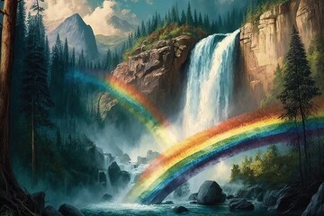 Poster - rainbow, cascading over the waterfall, with a view of the forest beyond, created with generative ai