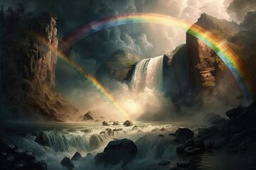 Canvas Print - rainbow over a waterfall, with sunlight shining through the clouds, created with generative ai