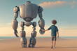 © Lazy_Bear - Giant robot and child walking together at sunset. Best friends. Friendship between artificial intelligence and people. Created with Generative AI