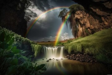 Canvas Print - peaceful moment with rainbow over waterfall, surrounded by lush greenery, created with generative ai