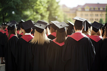 Back view of graduates in mortar boards and bachelor gowns on graduation ceremony at the university. Successful graduation from college or high school. Created with Generative AI