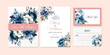 Wedding watercolor floral invitation card save the date design with blue flowers, roses and green leaves semi wreath and frame. Botanical elegant decorative vector template in Rustic style