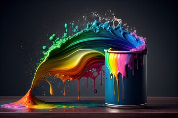 Canvas Print - a can of rainbow paint sitting on a table with several different colors spilling out., created with generative ai