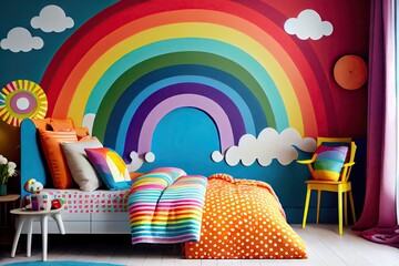 Canvas Print - a rainbow painted wall with vivid colors and a fun pattern, perfect for a childs bedroom., created with generative ai