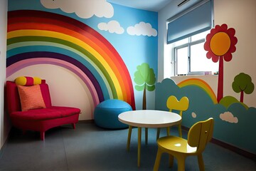 Sticker - a rainbow-themed room, with fun wall murals and colorful furniture., created with generative ai