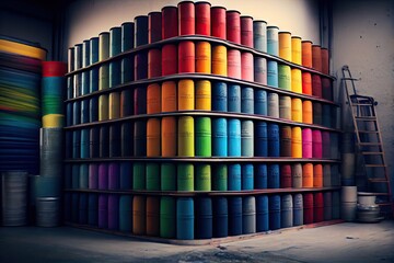 Sticker - a rainbow of paint cans, stacked neatly in a workshop., created with generative ai