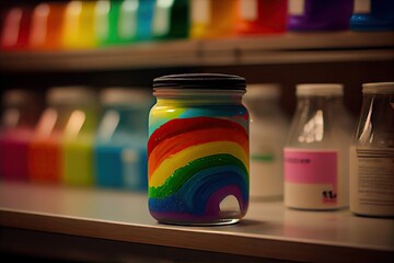 Canvas Print - a rainbow paint-filled jar on a shelf in a craft store., created with generative ai