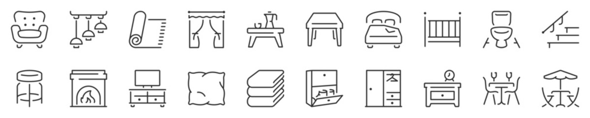 Furniture, drapery and home textiles, thin line icon set 1 of 2. Symbol collection in transparent background. Editable vector stroke. 512x512 Pixel Perfect.