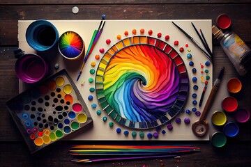 Canvas Print - a rainbow-inspired design on a canvas, with paint brushes and art supplies arranged neatly in the background., created with generative ai