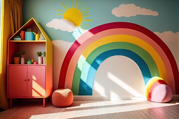 Canvas Print - a rainbow-painted wall in a sunny children's playroom., created with generative ai