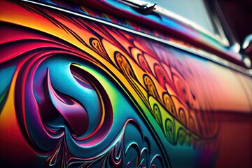 Canvas Print - a close-up shot of a rainbow paint job on an old car, with vivid colors and intricate designs., created with generative ai