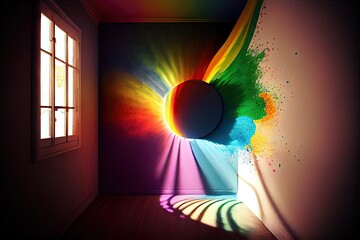 Canvas Print - a rainbow paint dries on a wall, with the sun shining through it and illuminating the room., created with generative ai