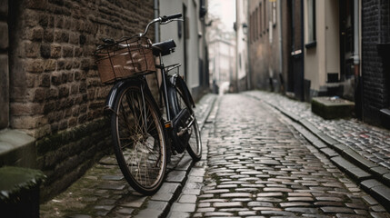 Canvas Print - A vintage bicycle on a cobbled street Generative AI