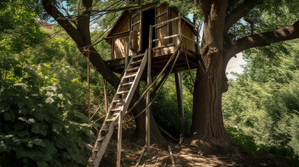 Canvas Print - A tree house with a ladder Generative AI