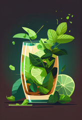 Wall Mural - Classic cuban Mojito drink with lime, mint and ice. Generative AI