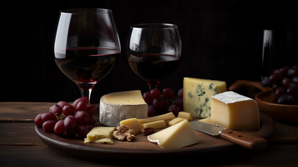 Sticker - A glass of red wine with a plate of assorted cheeses Generative AI