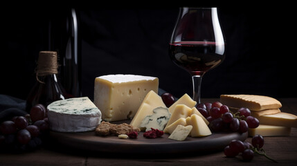 Sticker - A glass of red wine with a plate of assorted cheeses Generative AI