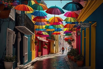 Canvas Print - street with rainbow-colored umbrellas and vibrant decorations, created with generative ai