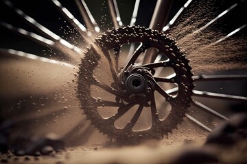 Wall Mural - close-up of cross bike spokes, with dust in the background, created with generative ai