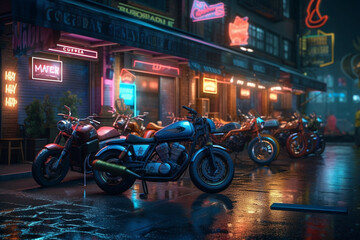 Poster - motorcycles parked in front of a bar, with neon light on the facade, Generative AI