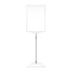 Wall Mural - Poster sign stand realistic vector mockup. Floor standing white display with base mock-up. Adjustable pedestal with blank board. Template for design