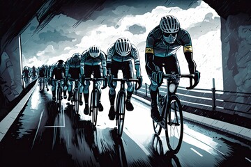 Wall Mural - team of cross bikes heading out on training ride, with the team captain leading the pack, created with generative ai