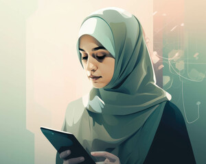 A portrait of a hijabwearing Muslim woman connected to technology and the Quran.. AI generation.