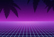 Arcade gaming 80s 90s aestetics retro background. Illustration of palm leaves shade on retro wave colored background. Sci-fi landscape with blue laser floor moving to horizont.