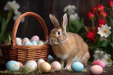 Wall Mural - easter bunny and easter eggs in a basket, generative ai