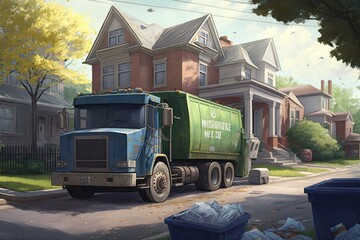 Wall Mural - garbage truck, collecting and sorting recyclables from residential neighborhood, created with generative ai