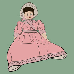 Seated antique doll wearing pink vintage dress and a hat. On green background.