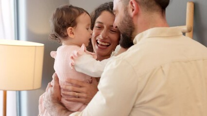 Sticker - Love, baby and family communication, play and talking to a happy girl in conversation with parents and smile together in home. Mother and father speaking to playful, positive and sweet child with toy