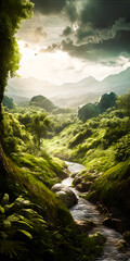 Wall Mural - Scenic view of a tropical rainforest during sunrise in a misty atmosphere - portrait wallpaper - generative AI