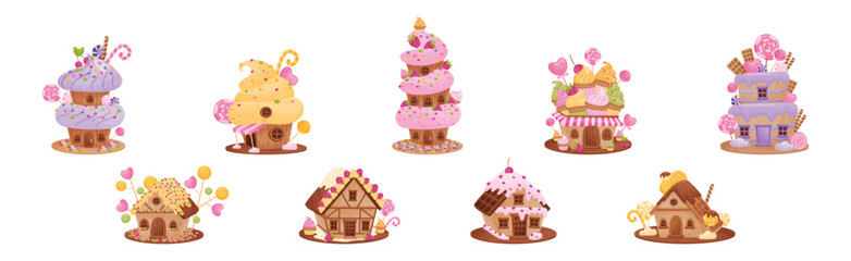 Wall Mural - Sweet Candy House Made of Cookie Dough as Shaped Baked Confectionery Vector Set