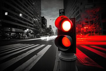 Sticker - red traffic light, with view of busy city street, at night, created with generative ai