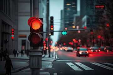 Sticker - red traffic light, with view of busy city street, at night, created with generative ai