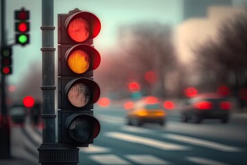 Poster - red traffic light, blurred and moving with the passing cars, created with generative ai