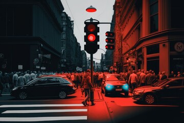 Poster - red traffic light in the middle of a busy street, surrounded by cars and people, created with generative ai