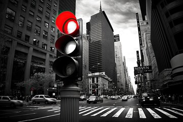 Wall Mural - red traffic light, with view of busy city street, in black and white photograph, created with generative ai