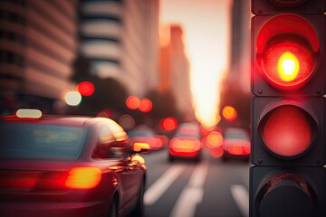 Wall Mural - red traffic light and car, with blurred background of busy city street, created with generative ai