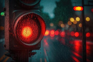 Poster - red traffic light in the rain, with droplets running down the lens, created with generative ai