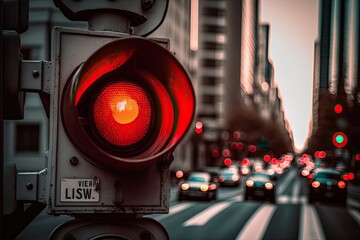 Wall Mural - close-up of red traffic light, with the view of busy city street visible in the background, created with generative ai