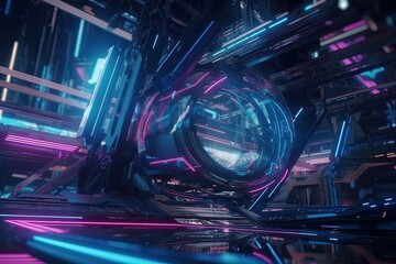 Wall Mural - Abstract blue, mint and pink background with interlaced digital glitch and distortion effect. Futuristic cyberpunk design. Generative AI