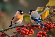  Two Birds Perched On A Branch With Berries On It's Branches And Leaves On The Branches, With A Blurry Background Of Leaves And Red Berries On The Branches.  Generative Ai