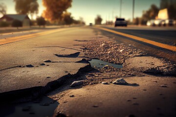 Poster - close-up of freshly patched road, with view of traffic in the background, created with generative ai