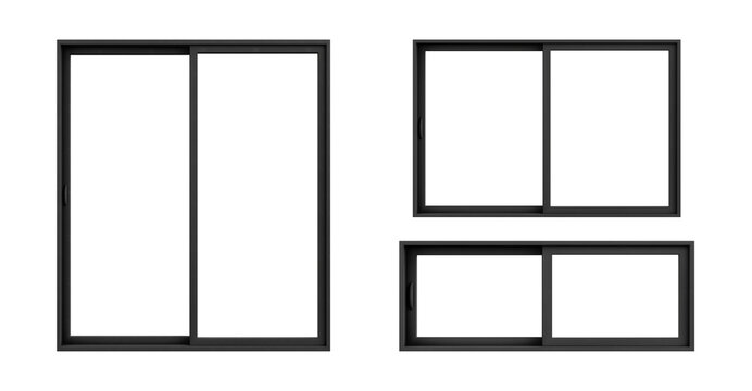 Modern black office window frame set isolated on white background, minimal style double pvc panes in various type for interior design element 3D rendering