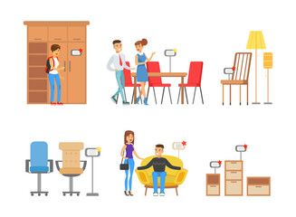 Sticker - Smiling Man and Woman Shoppers In Furniture Shop Vector Set