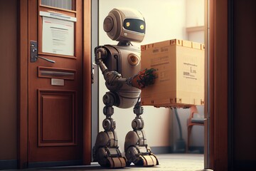 Poster - person, eagerly awaiting delivery of important documents from robot courier, created with generative ai